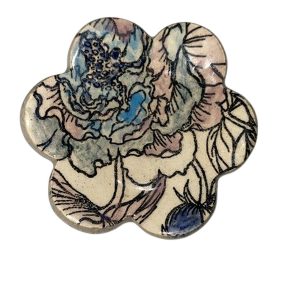 Studio Pottery Small Ring Dish Cream With Floral Pattern Blue Pink Glaze 2”
